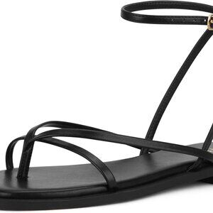 Womens Flats Sandals Leather Square Toe Strappy Slip-On Cushioned Comfort